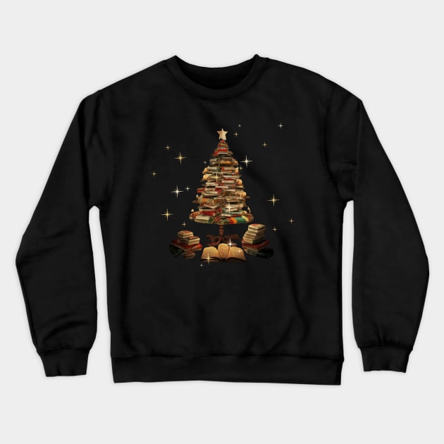 Christmas Library Tree Lights For Librarian And Book Lover Crewneck Sweatshirt by Positive Designer